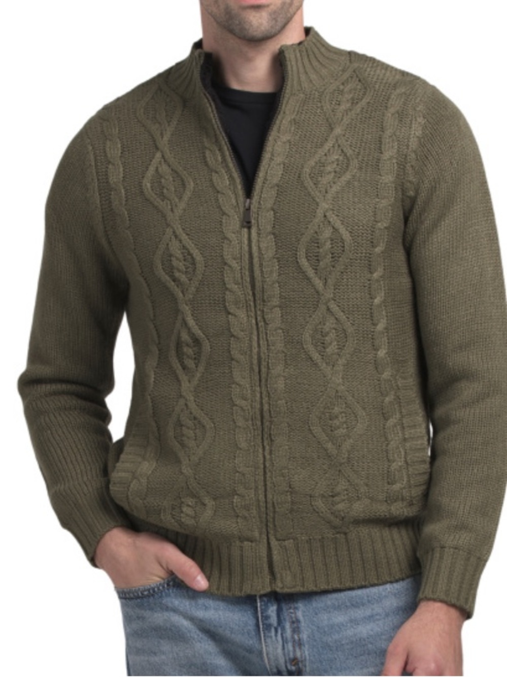 Frye Men's Olive Green Cable Knit Full-Zip Sweater